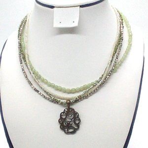 Aero Silver Tone Green White Bead Multi Strand Open Scroll Choker Necklace